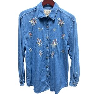 VTG Tantrum Blues Denim Shirt Floral Embroidered Cottage Core